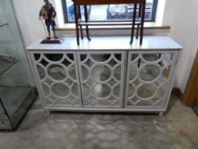 Geometric patterned mirror fronted 3 door sideboard in light grey finish