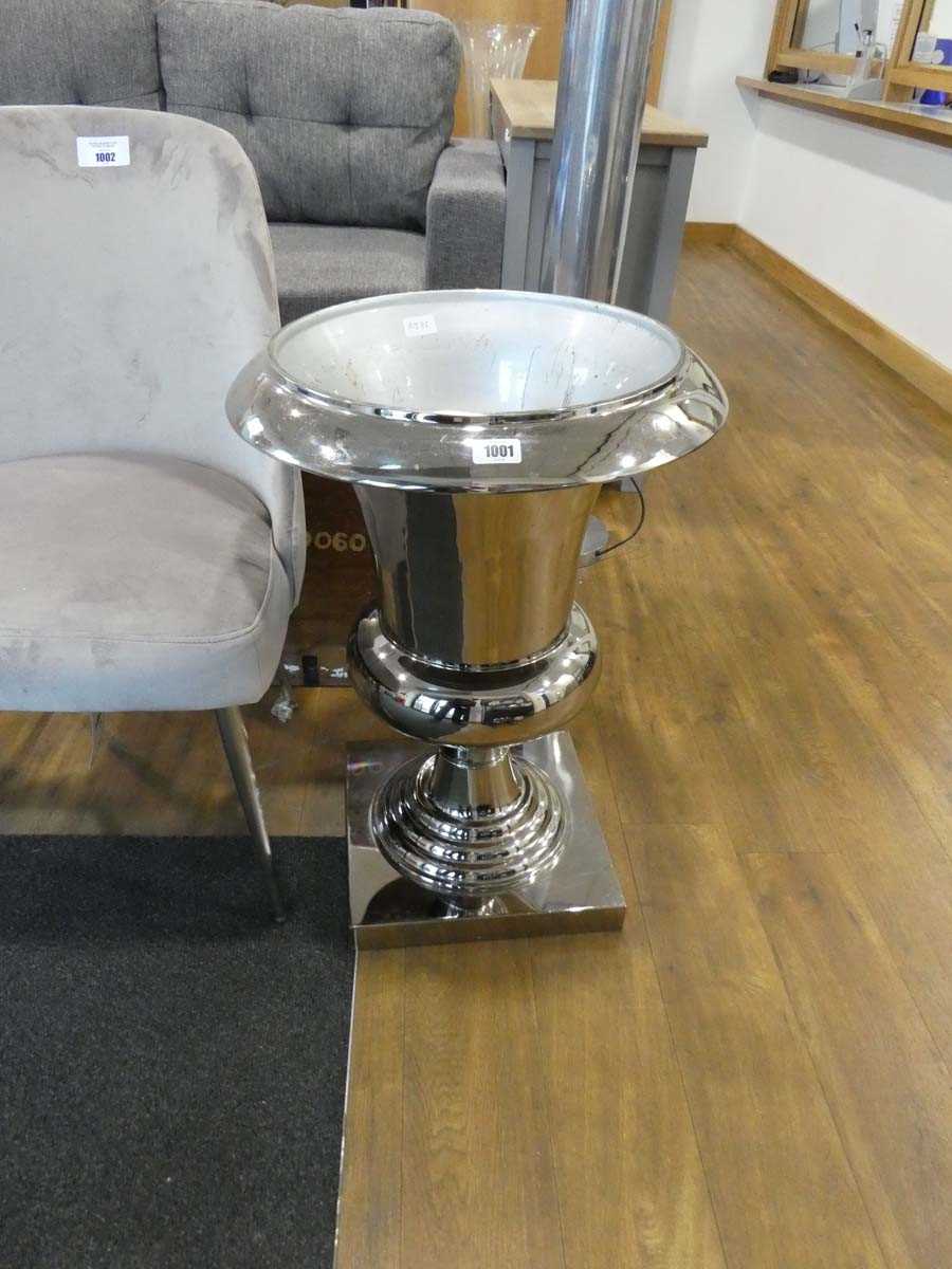 Modern chrome finish graduated pair of urn shaped planters