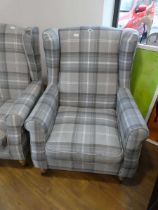 Modern grey check upholstered wing back easy chair