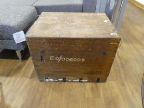 Substantial wooden military trunk with twin handles and the top bearing the words, 'Range finder