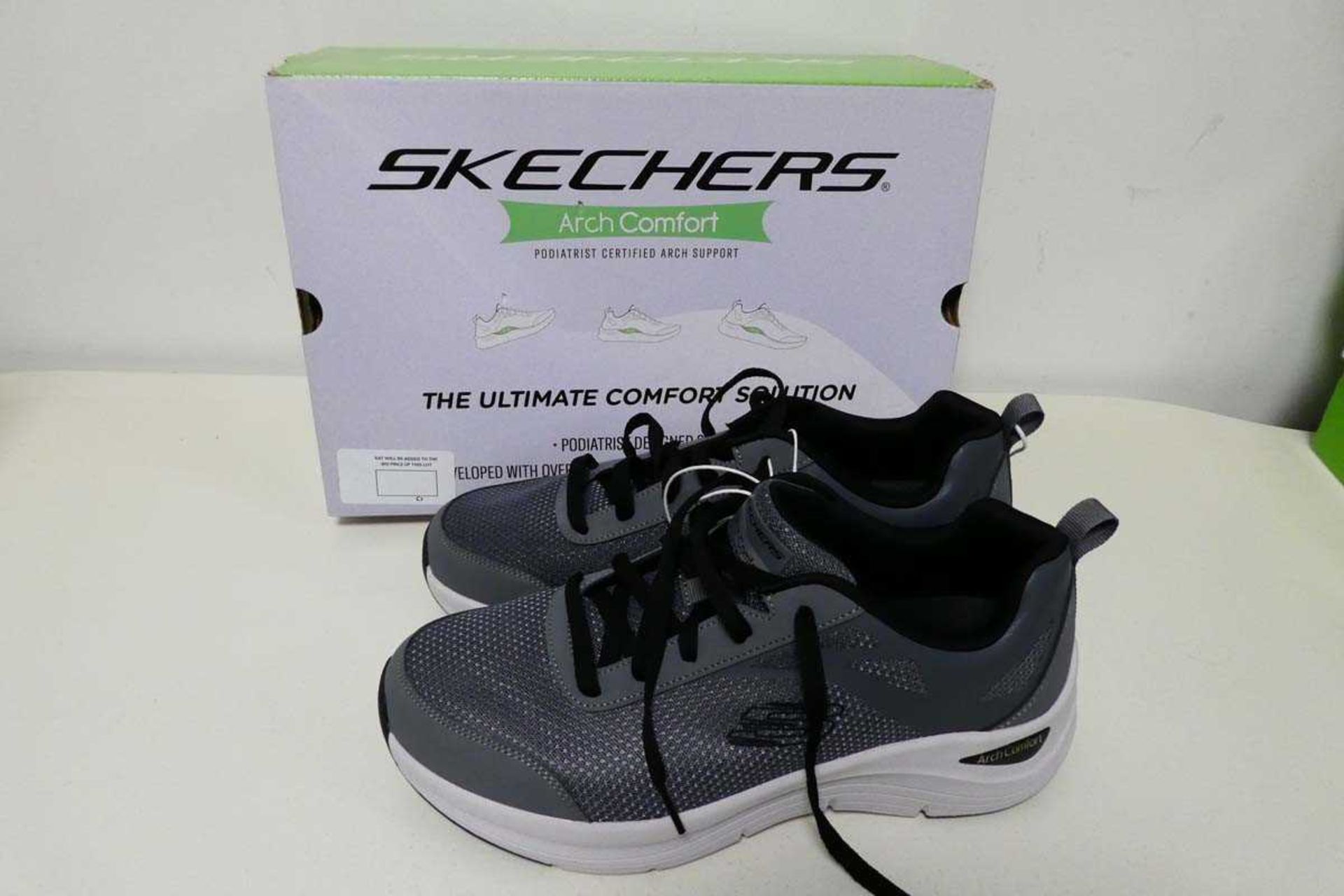 +VAT Boxed pair of men's Skechers arch comfort trainers in grey size 9