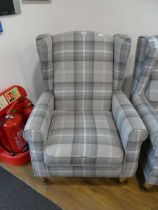 Modern grey check upholstered wing back easy chair