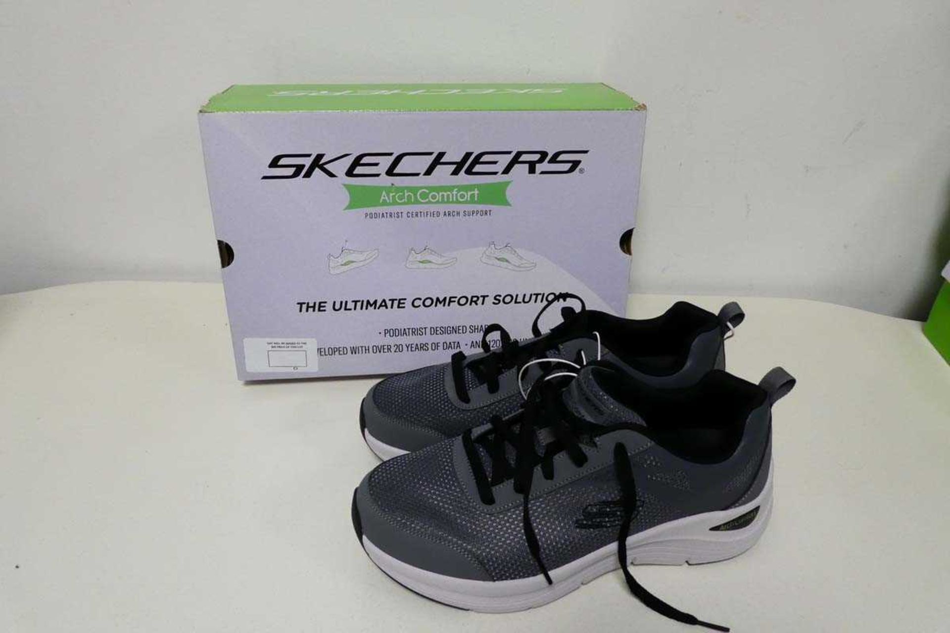 +VAT Boxed pair of men's Skechers arch comfort trainers in grey size 9