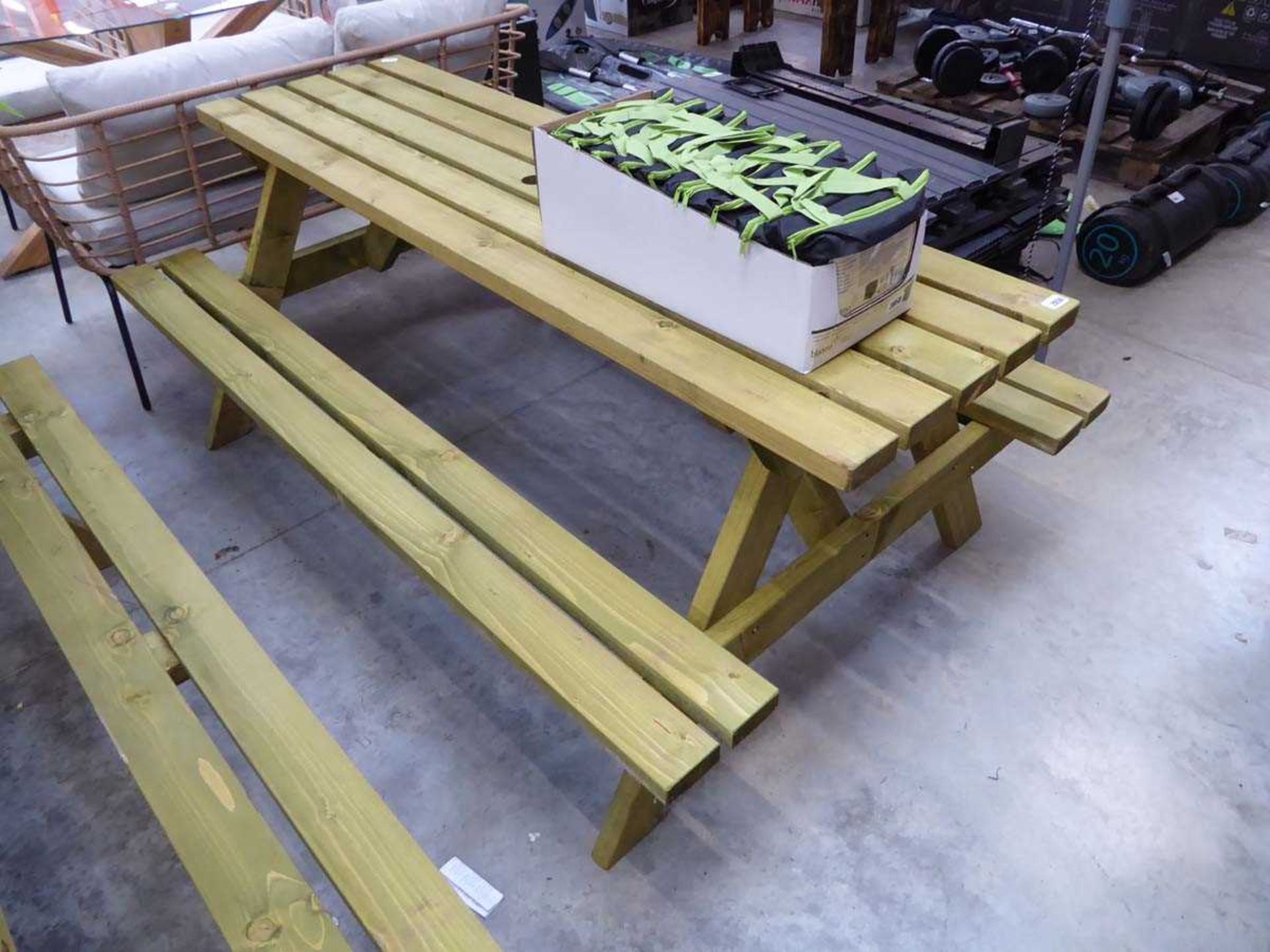 Wooden slatted picnic bench