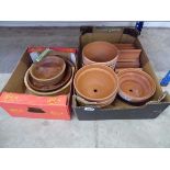Crate containing mixed size terracotta pots with quantity of wooden bowls