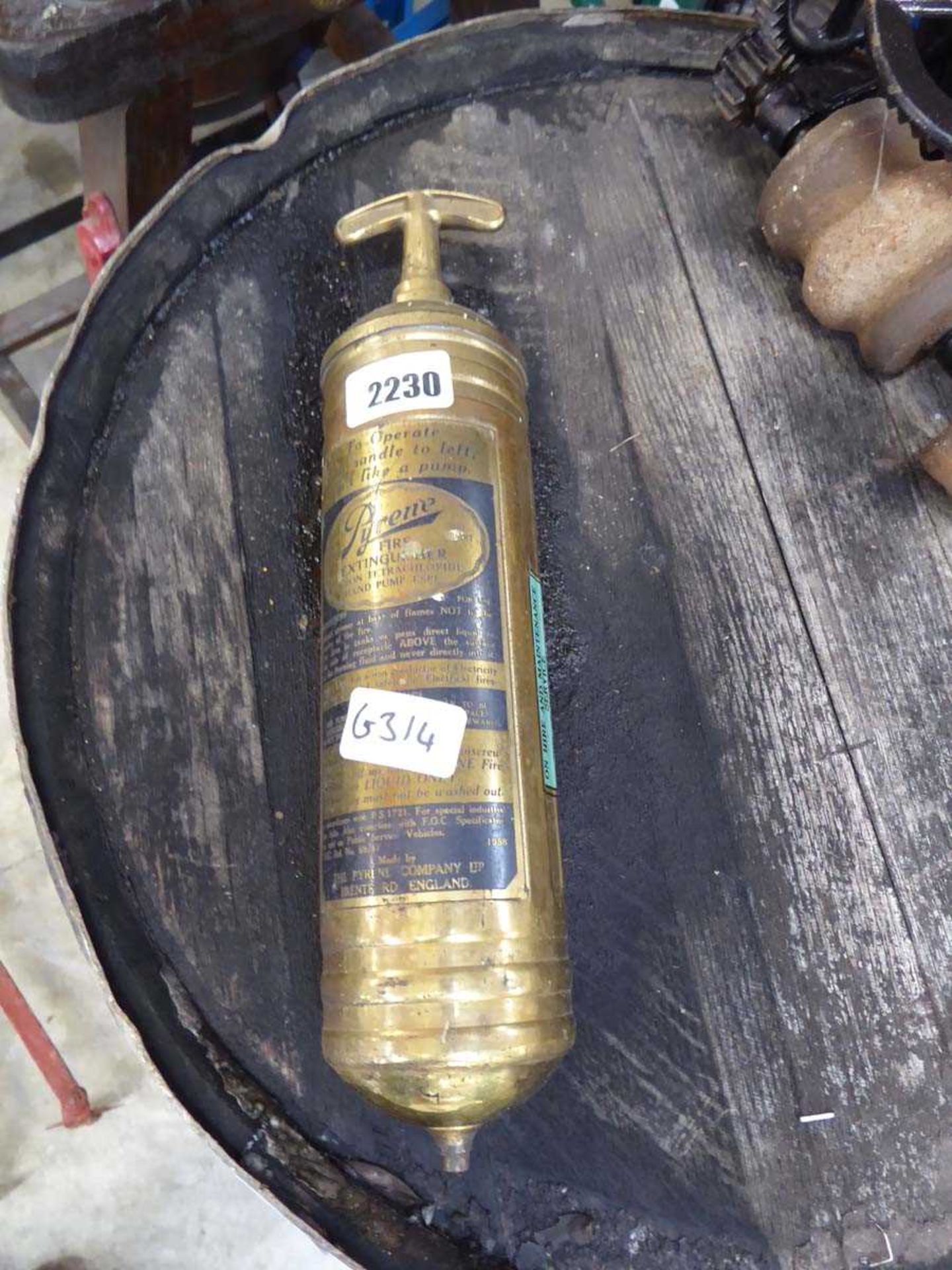 Brass Pyrene hand fire extinguisher, bearing initials 'The Pyrene Company Limited of Brentford,