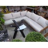 3 piece outdoor garden suite comprising L-shaped sofa with matching light cream cushions plus oak