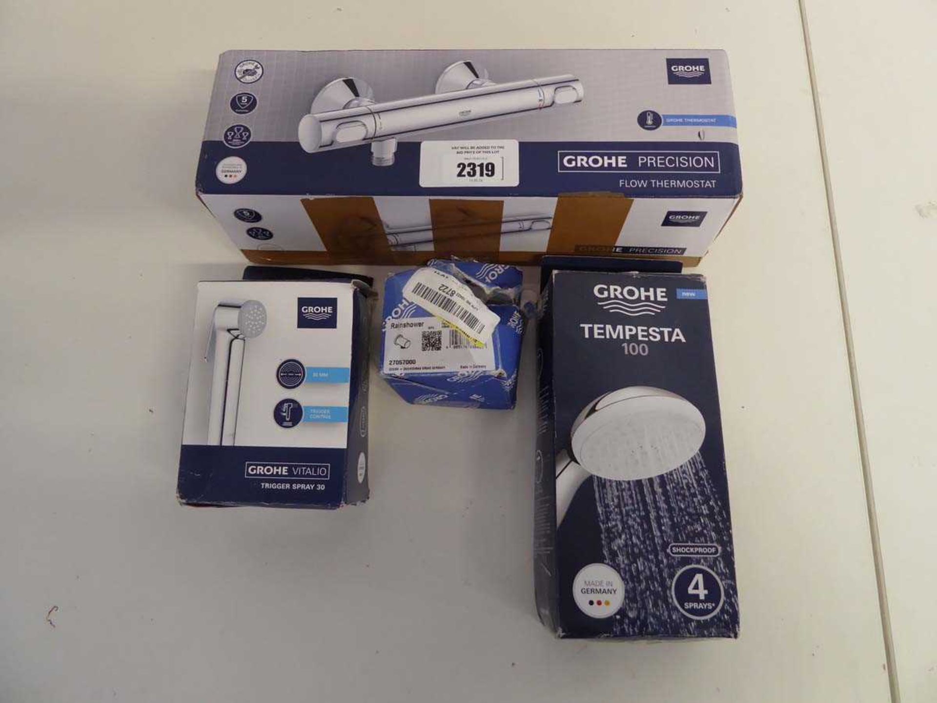 +VAT Boxed Grohe flow thermostat together with Tempesta 100 shower head, Grohe trigger spray and