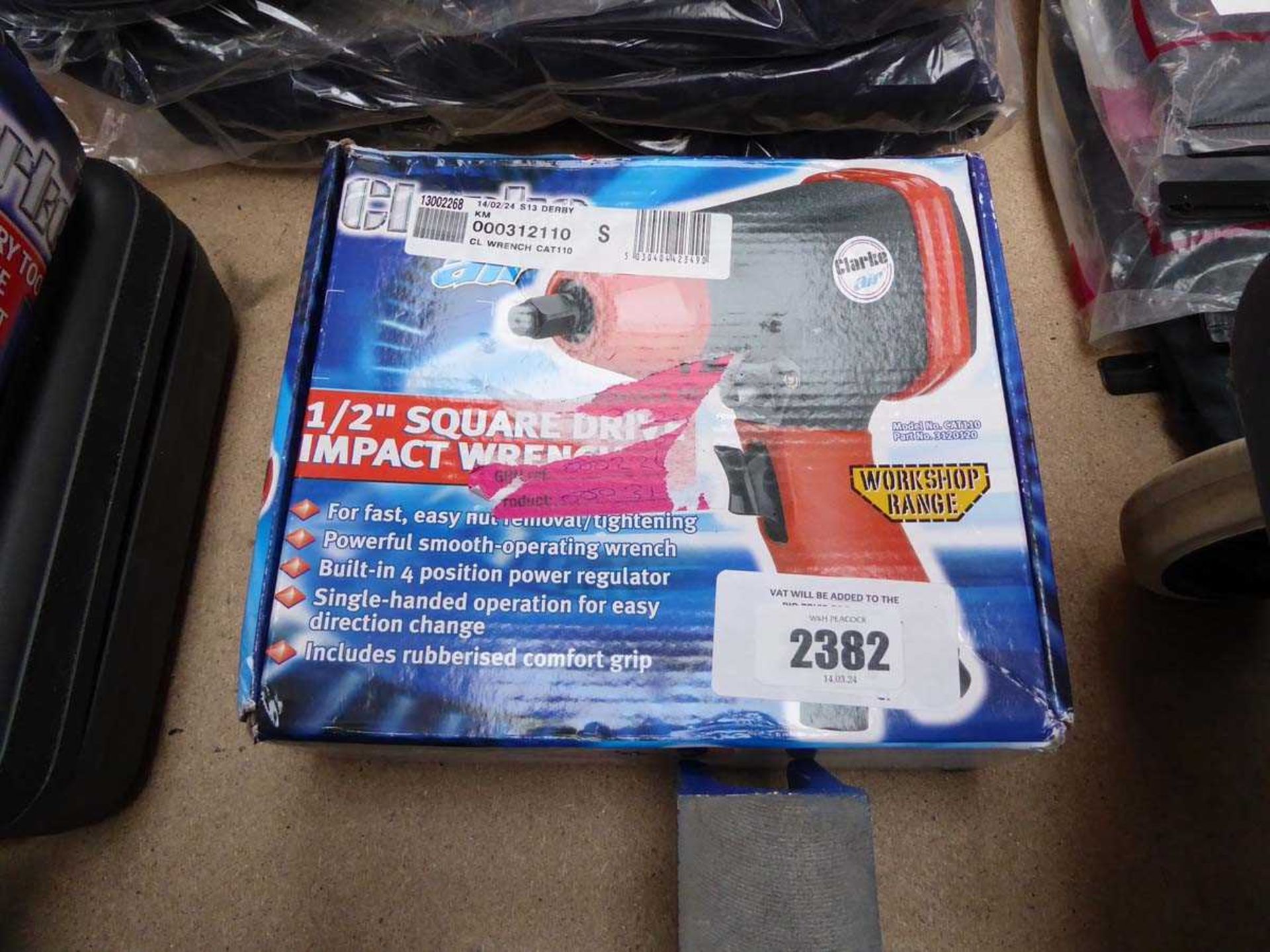 +VAT Boxed Clarke Air 1/2" square drive impact wrench