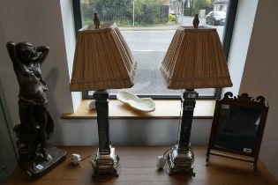 Pair of classic type mirrored table lanterns with ruffled cream shades