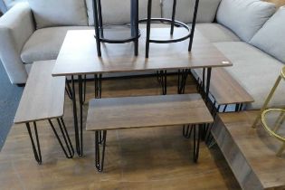 Modern picnic type dining suite incl. small wood finish table on hairpin type legs and 4 small