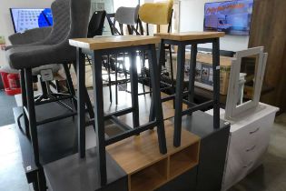 Modern dark grey finish pair of bar height stools with light oak seats