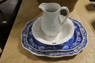 White ceramic jug and bowl with 2 large blue and white decorative serving platters