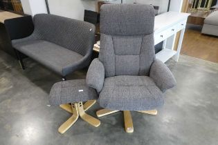 Modern grey swivel easy chair on 5 star bent ply support with matching footstool