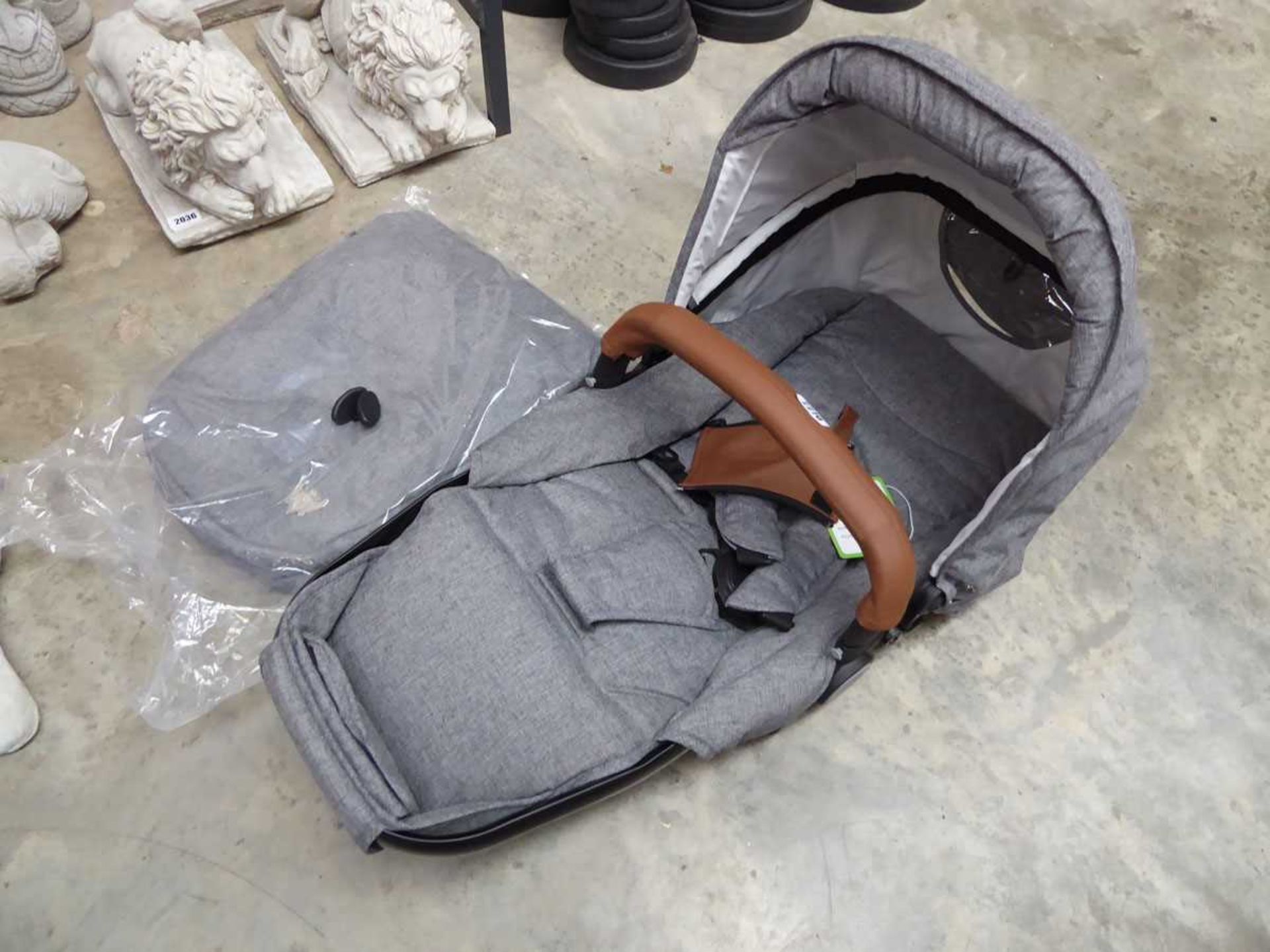 Boxed 2 piece Hamilton Turnberry twin stroller seat and foot muff set in grey linen