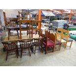 Dark oak refectory table with 4 oak spindle back chairs, 2 oak bar stools and 8 harlequin wooden