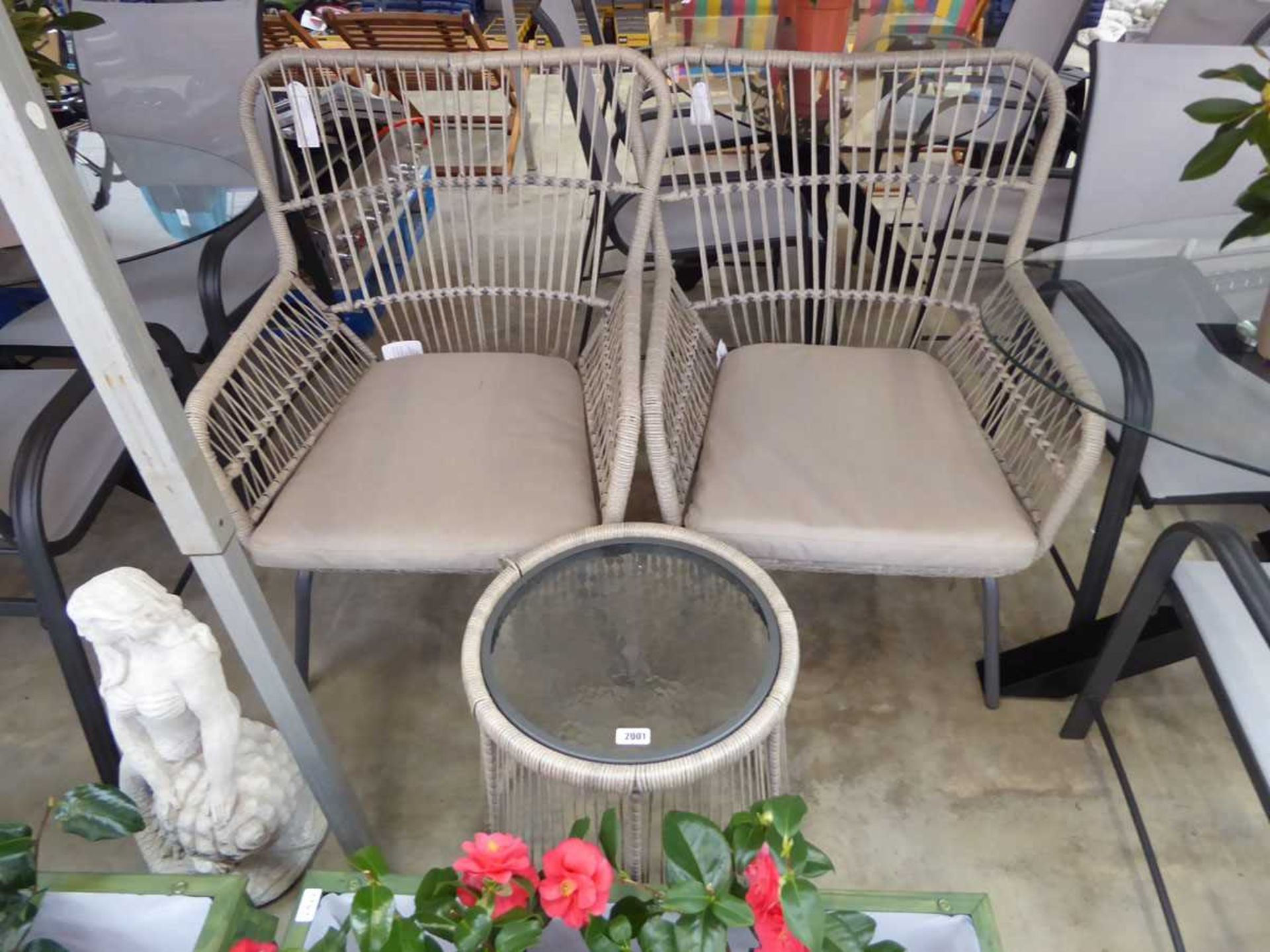Cream rope effect outdoor 3 piece bistro set comprising 2 armchairs, each with matching cream