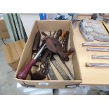 Shallow tray of vintage carpentry and wood work tooling to include hand saw, drill bits etc.