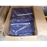 Box containing a large quantity of blue zip up protective coveralls, in navy