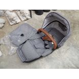 Boxed 2 piece Hamilton Turnberry twin stroller seat and foot muff set in grey linen