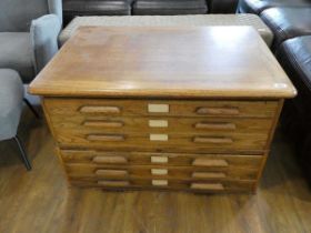 Mid century oak 6 drawer plan chest Measures 27"(D) x 38"(L) x 23"(H). Inner Drawer measures 32.5" x