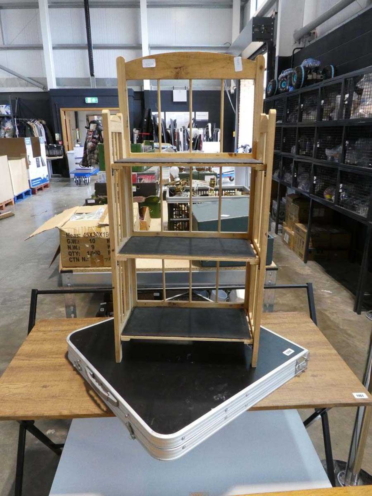 Folding camping table, together with a small wooden folding shelving unit