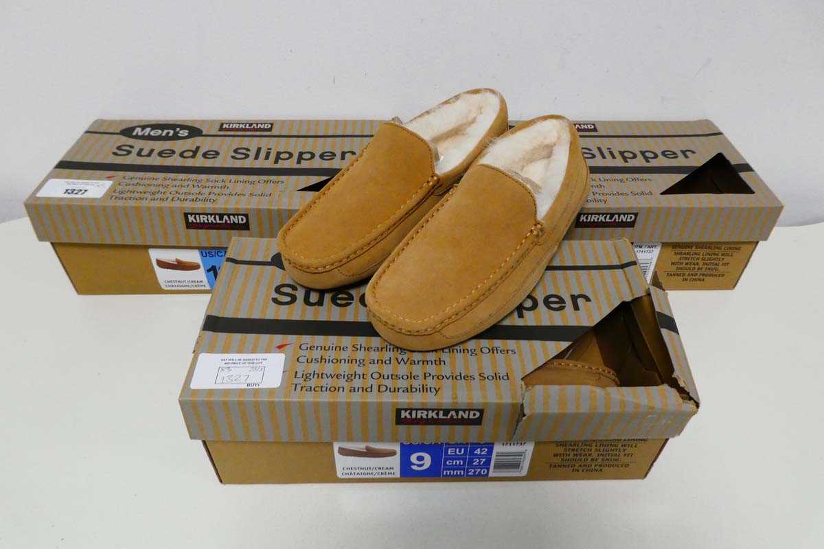 +VAT 3 boxed pairs of mens kirkland suede slippers in beige (size UK 12, 8 & 7)