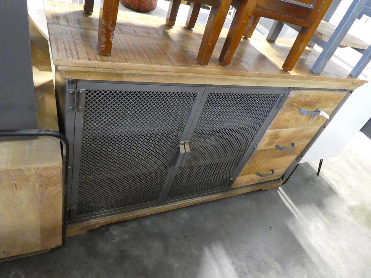 Metal and mango wood sideboard with lattice front doors and matching single drawer lampstand