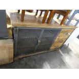 Metal and mango wood sideboard with lattice front doors and matching single drawer lampstand