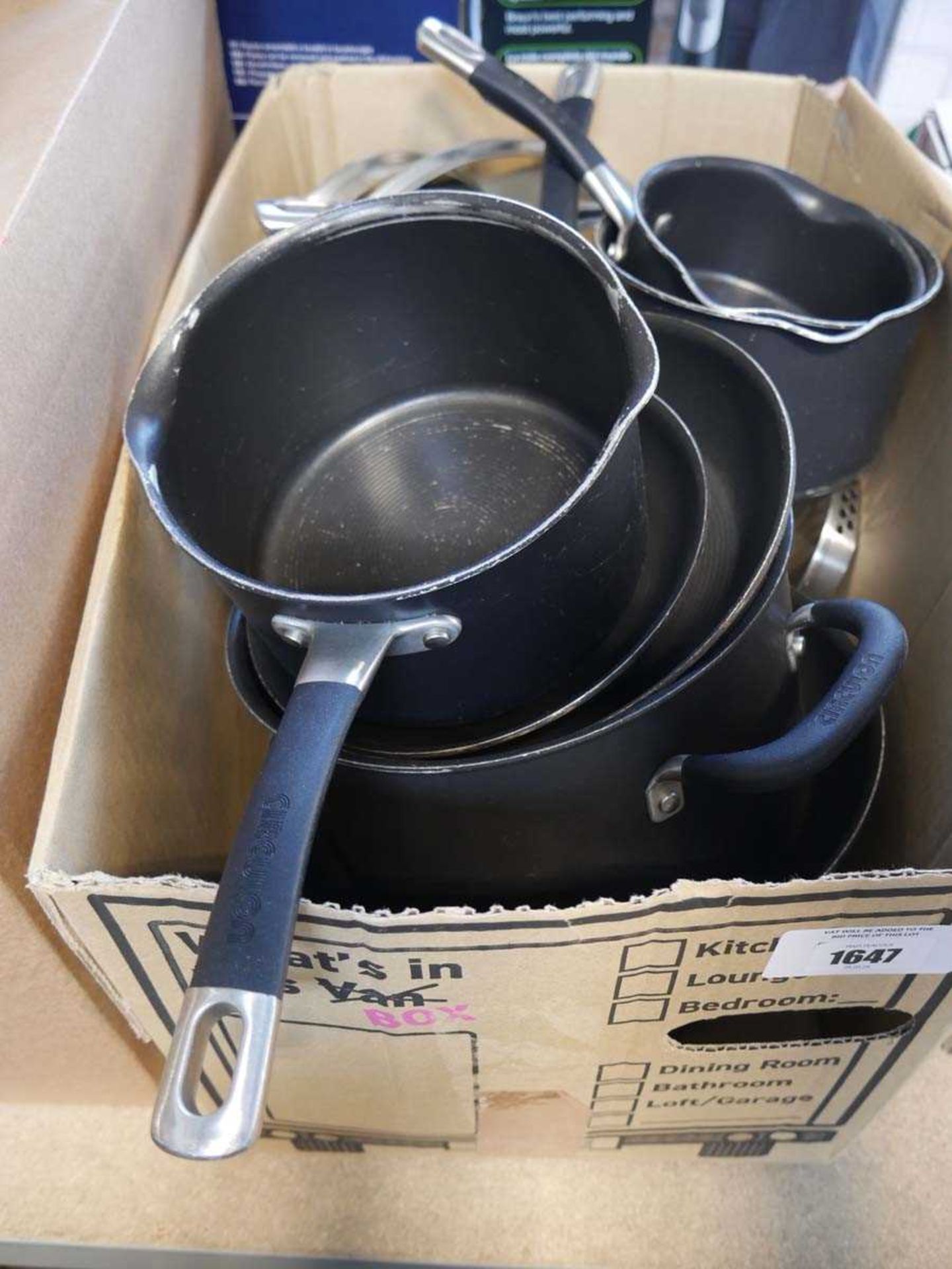 +VAT Box containing various pots and pans by Circulon, etc.