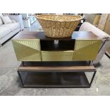 Modern hardwood and gold finish entertainment unit plus metal framed coffee table with hardwood