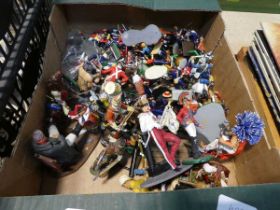 Crate containing various metal battle figurines