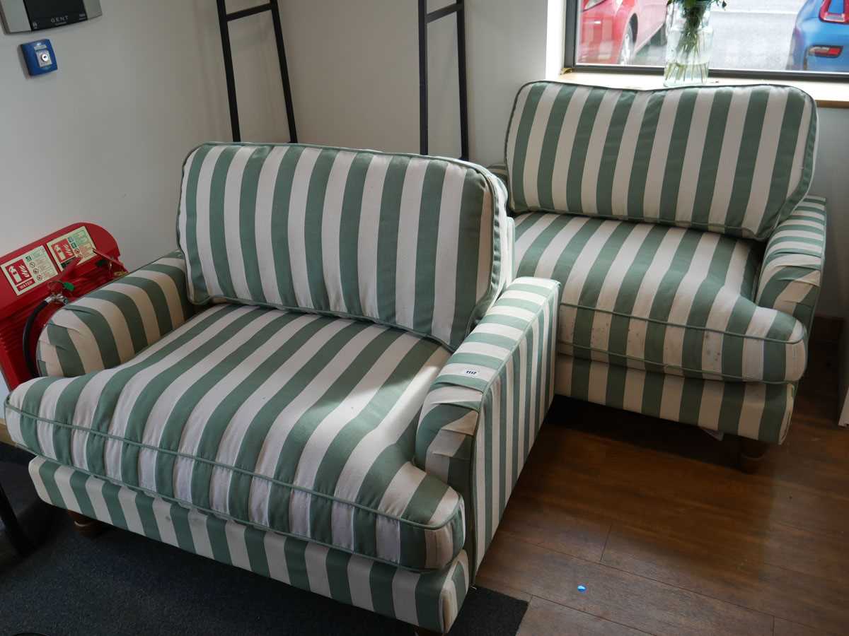 Modern pair of striped upholstered snug chairs