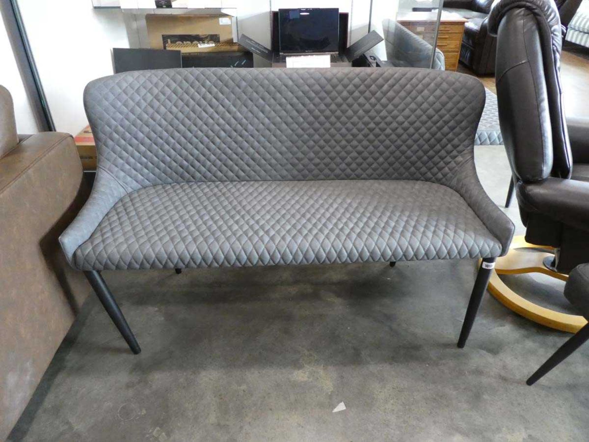 Modern grey leatherette diamond stitch upholstered 2 seater sofa on black tapered supports