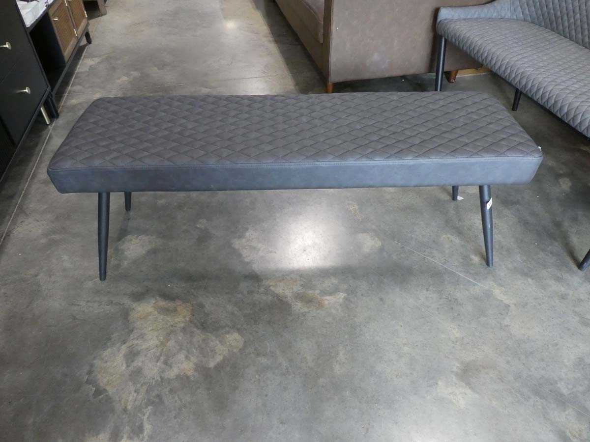 Modern dark grey leatherette diamond stitch upholstered 2 seater bench on black tapered supports