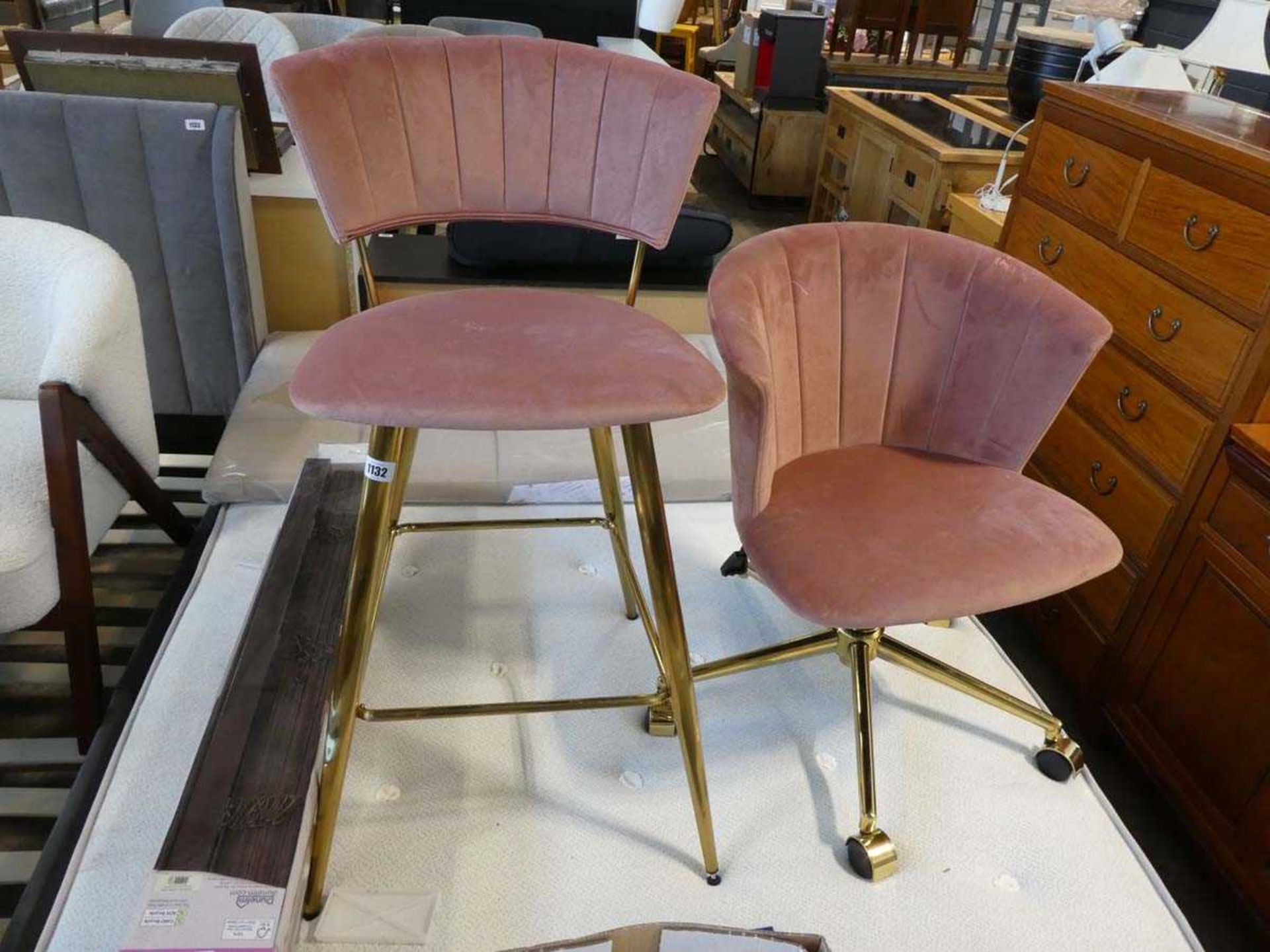 Pink upholstered bar height stool on brass frame with matching dressing table chair