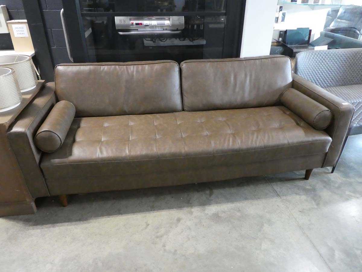 Modern brown leather upholstered 3 seater sofa