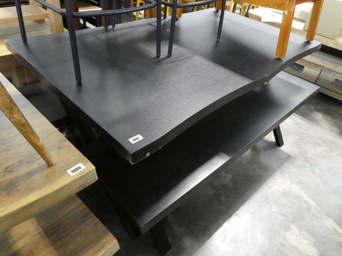 Modern black picnic type dining suite on black metal crisscross support incl. table and 2 matching