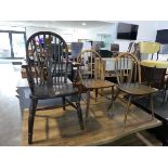 Dark oak wheel back dining chair and 2 ercol quaker style dining chairs