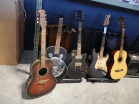 5 various guitars (all in need of restoration) incl. acoustic guitar, Fender electric guitar (no