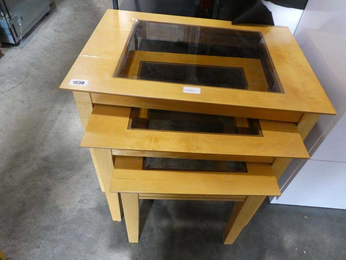 Rubber wood nest of 3 glass top coffee tables