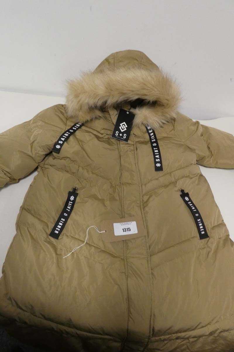 +VAT Saint & Sinner long puffer coat with fur hood in camel colour (size 12)