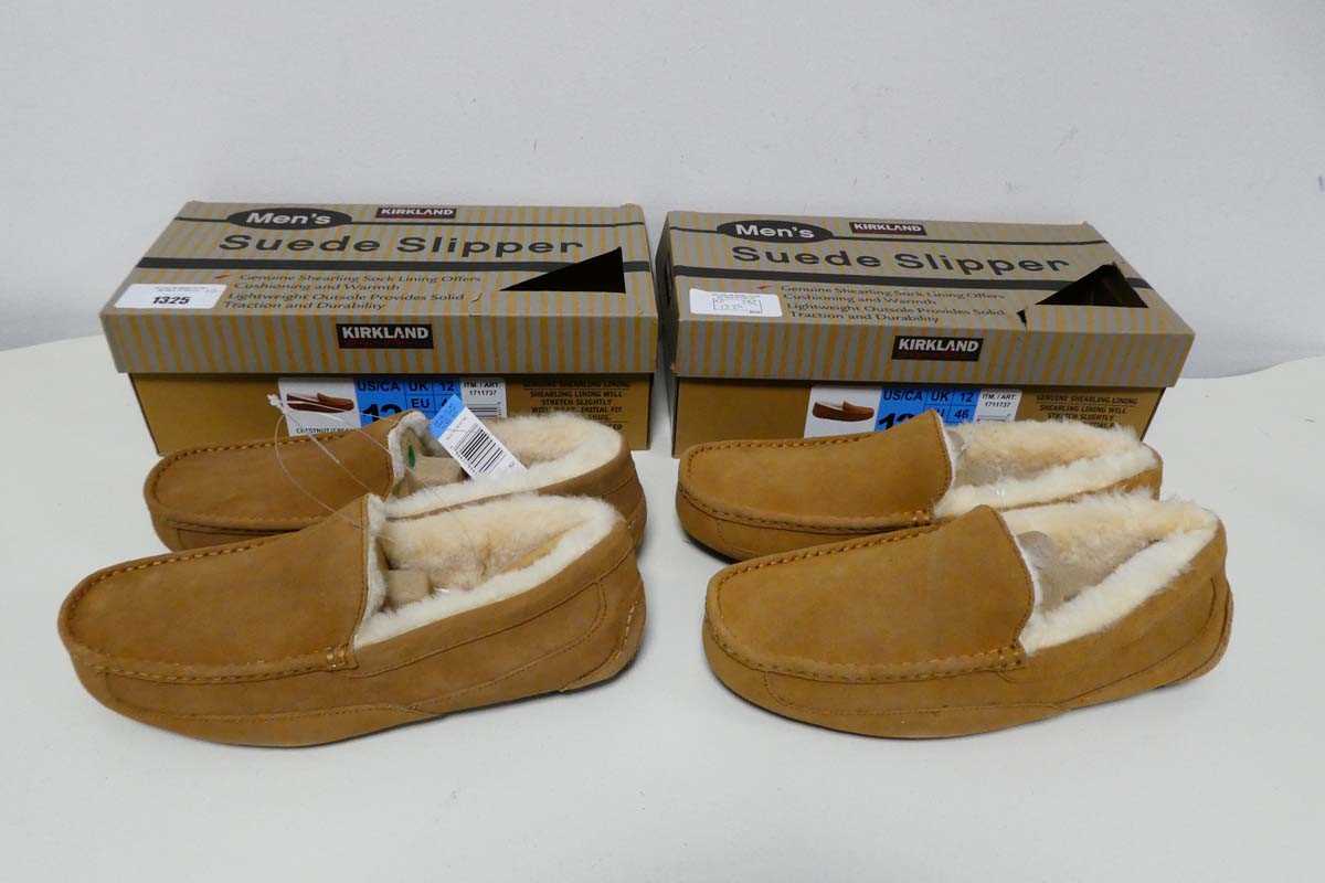 +VAT 2 boxed pairs of mens kirkland suede slippers in beige (both size 12)