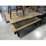 Modern hardwood finish picnic type dining suite on black metal crisscross support incl. table and