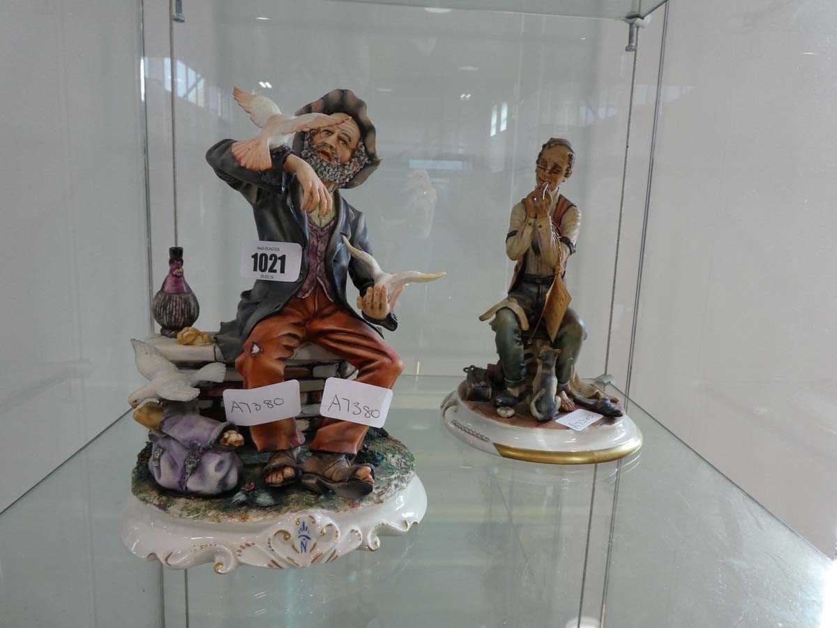 2 porcelain ornaments of a tailor and a man with birds, by Di Garanza, (Capodimonte style)