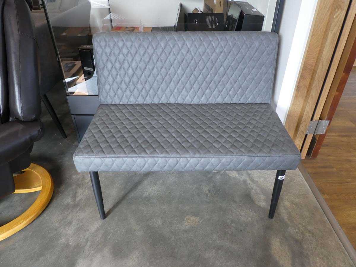 Modern grey leatherette diamond stitch upholstered 2 seater bench on black tapered supports