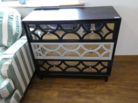 Modern 2 tone mirror fronted geometric patterned chest of 3 drawers
