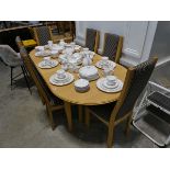 Modern beech finish extending dining table with 6 matching striped high back upholstered dining