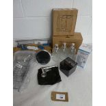 +VAT Set of bathroom accessories incl. bath caddy, 5x magnification mirror, set of 3 glass soap/