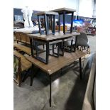 Modern hardwood finish dining table with 3 matching individual stools, further coffee table and 1